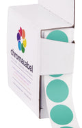 Aqua ChromaLabel 0.75-inch round color-coding stickers with permanent adhesive, 1000 labels in a dispenser box.