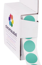 Aqua ChromaLabel 0.75-inch round color-coding stickers with permanent adhesive, 1000 labels in a dispenser box.