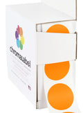 Orange ChromaLabel 1-inch round color-coding dot stickers on dispenser box, ideal for organizing and labeling.