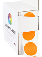 Orange ChromaLabel 1-inch round color-coding dot stickers on dispenser box, ideal for organizing and labeling.