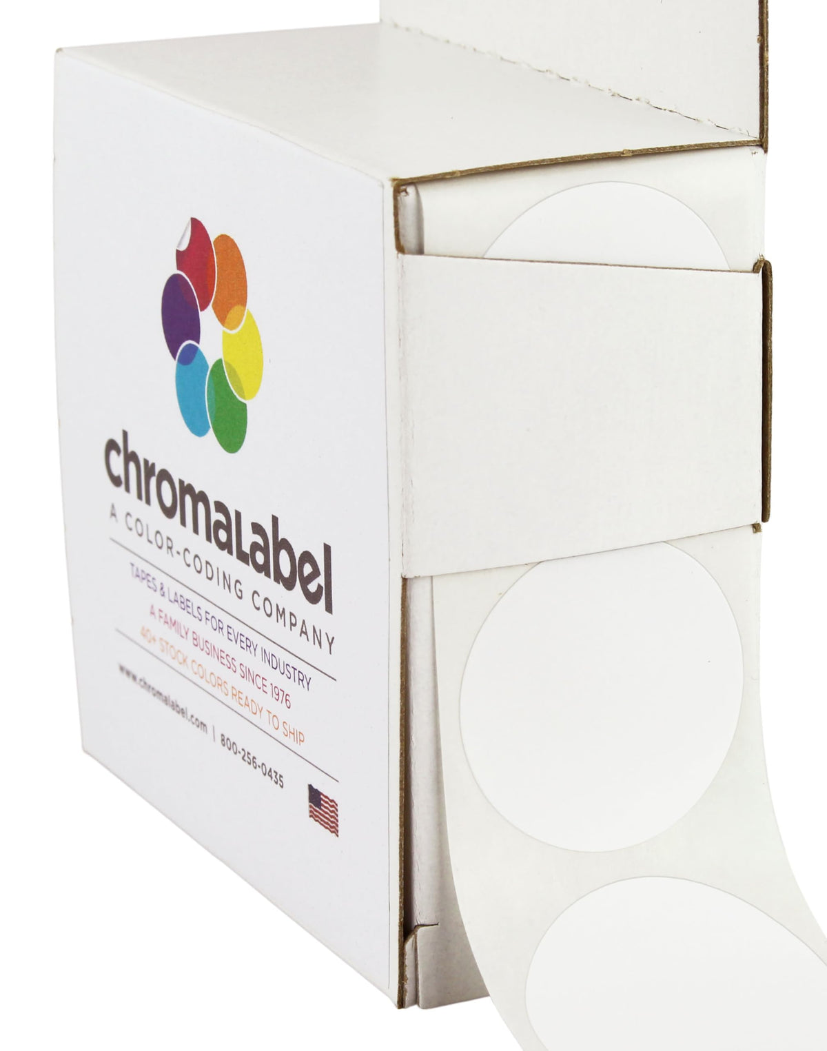 White 1.25-inch round color-coding labels with permanent adhesive, 500 stickers per dispenser box by ChromaLabel.