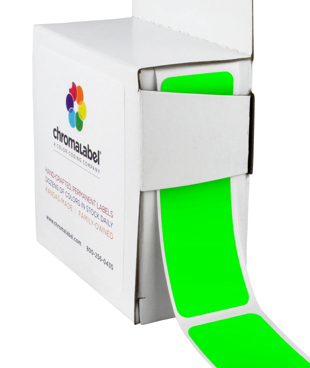 ChromaLabel fluorescent green all-purpose 1 x 3 inch rectangle permanent color code labels in dispenser box, 250 labels included