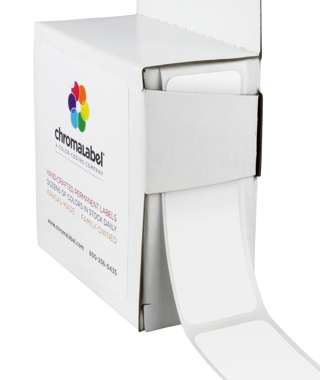 White ChromaLabel 1 x 3 inch all-purpose permanent color code rectangle labels, 250 per dispenser box.