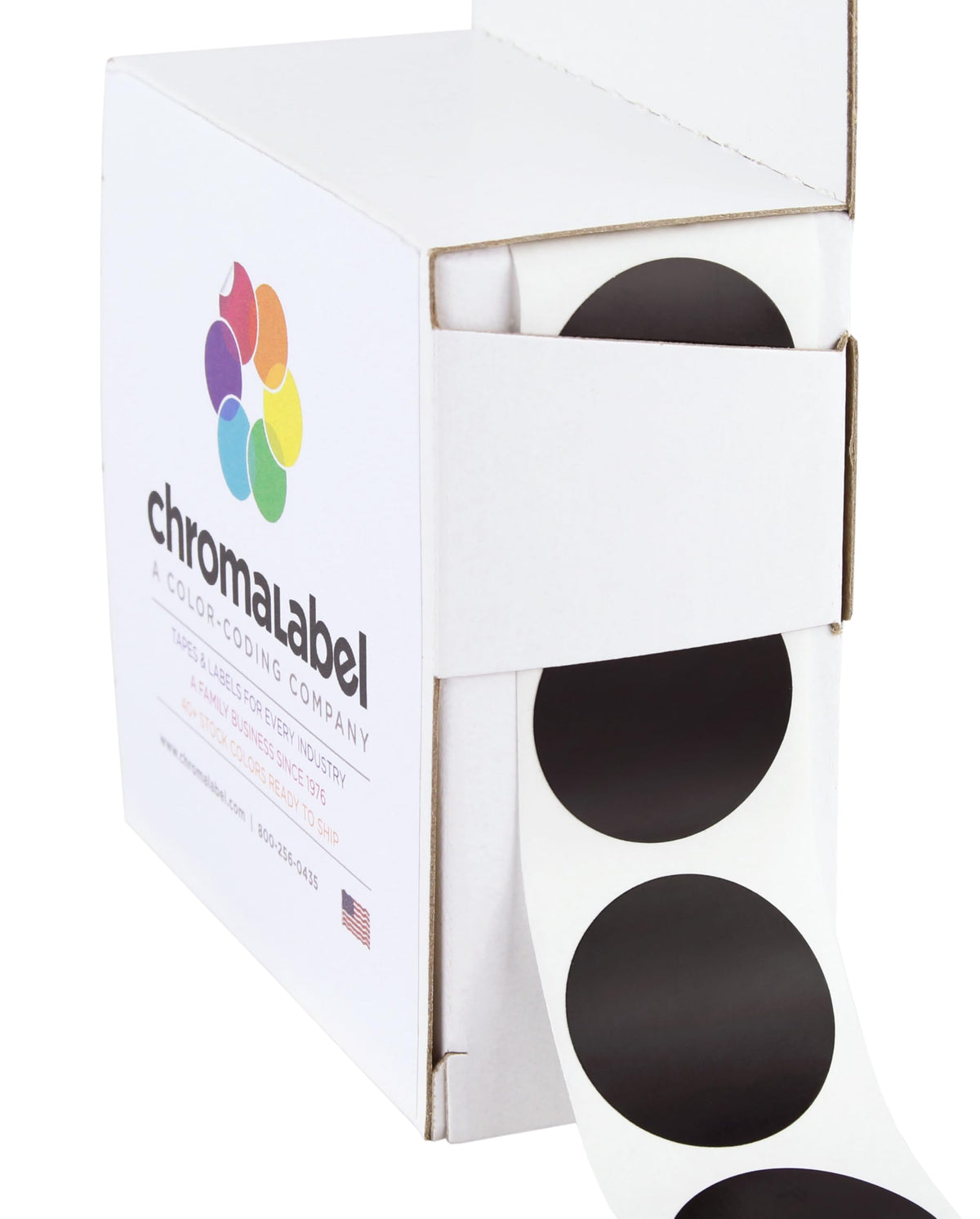 Black ChromaLabel 1-inch round color coding sticker labels, permanent adhesive, 1000 per dispenser box, ideal for organization.