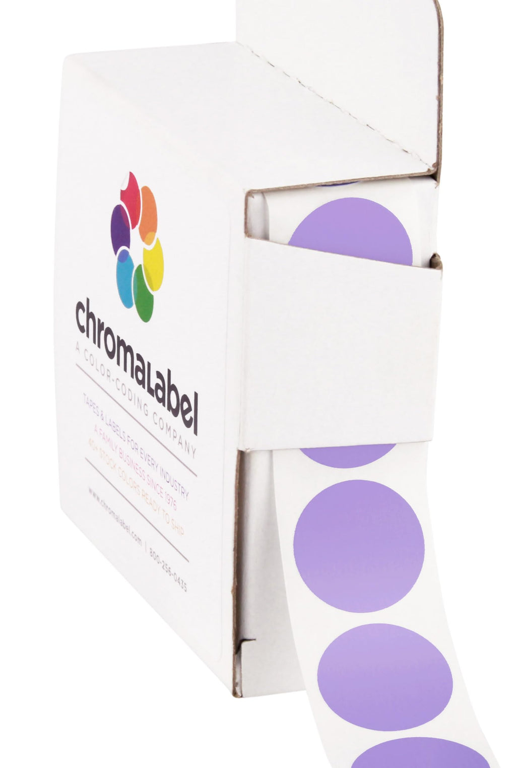 Lavender ChromaLabel 0.75-inch round color-coding labels with permanent adhesive, 1000 stickers in a dispenser box.