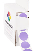 Lavender ChromaLabel 0.75-inch round color-coding labels with permanent adhesive, 1000 stickers in a dispenser box.