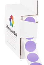 Lavender ChromaLabel 0.75-inch round color-coding labels with permanent adhesive, 1000 stickers in a dispenser box.