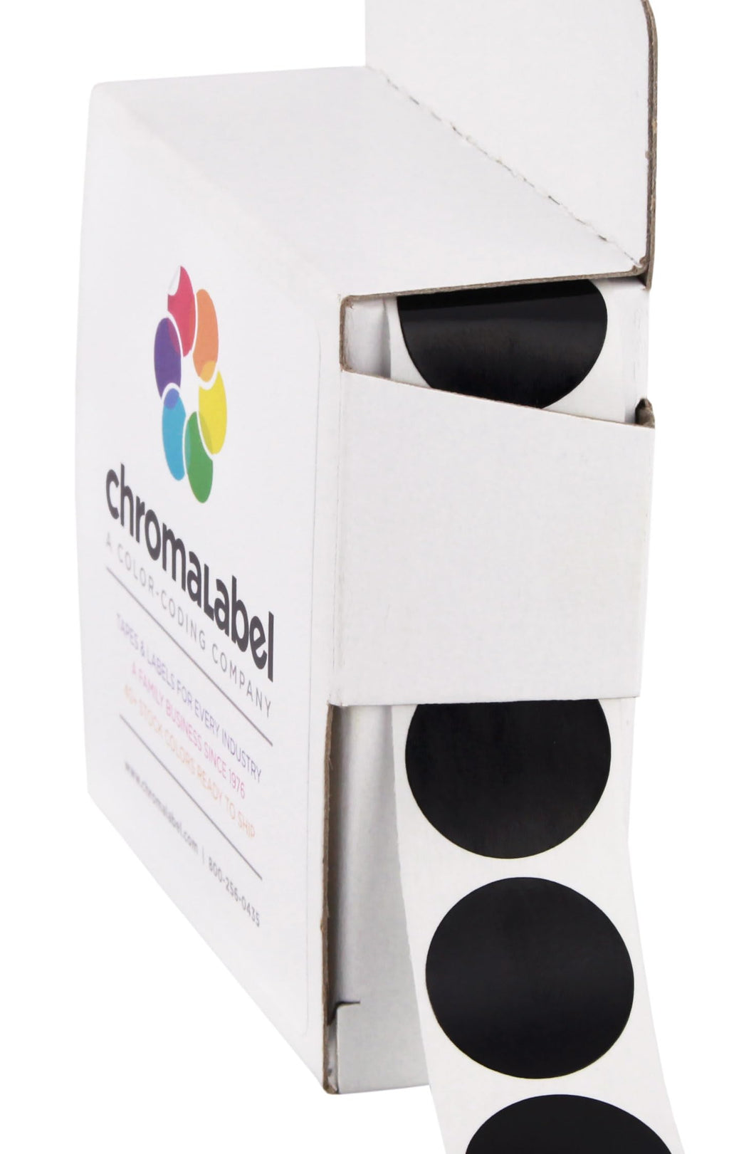 Black ChromaLabel 0.75-inch round color-coding stickers with permanent adhesive, 1000 labels per dispenser box.