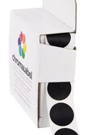 Black ChromaLabel 0.75-inch round color-coding stickers with permanent adhesive, 1000 labels per dispenser box.