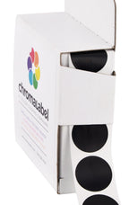 Black ChromaLabel 0.75-inch round color-coding stickers with permanent adhesive, 1000 labels per dispenser box.