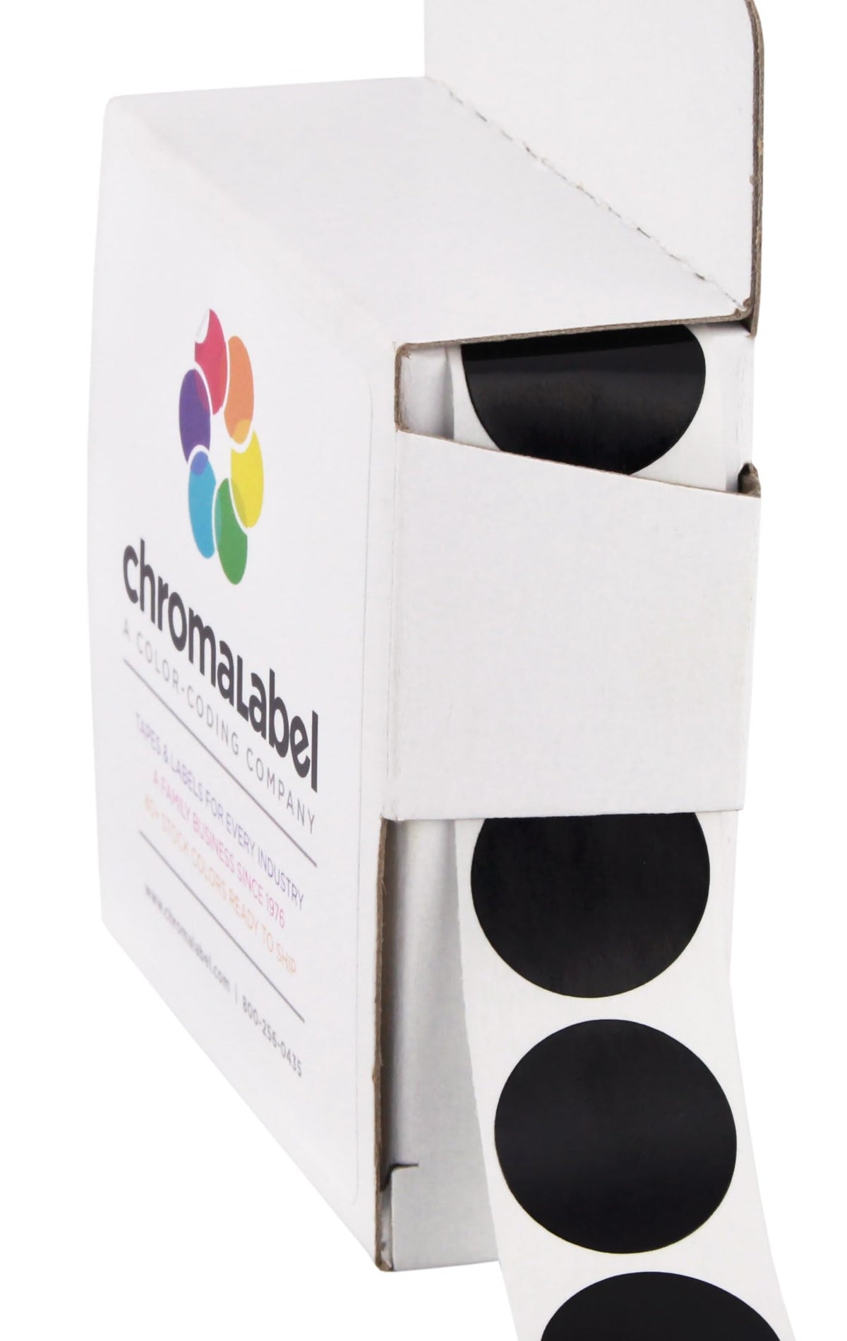 Black ChromaLabel 0.75-inch round color-coding stickers with permanent adhesive, 1000 labels per dispenser box.