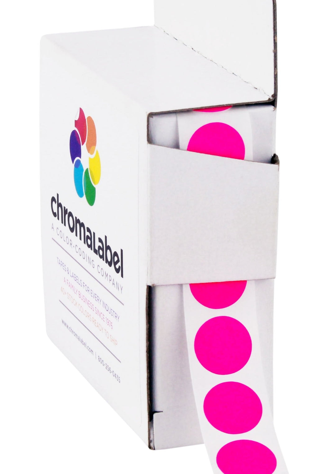 ChromaLabel fluorescent pink round color-coding stickers, 0.50 inch diameter, 1000 labels per dispenser box, permanent adhesive