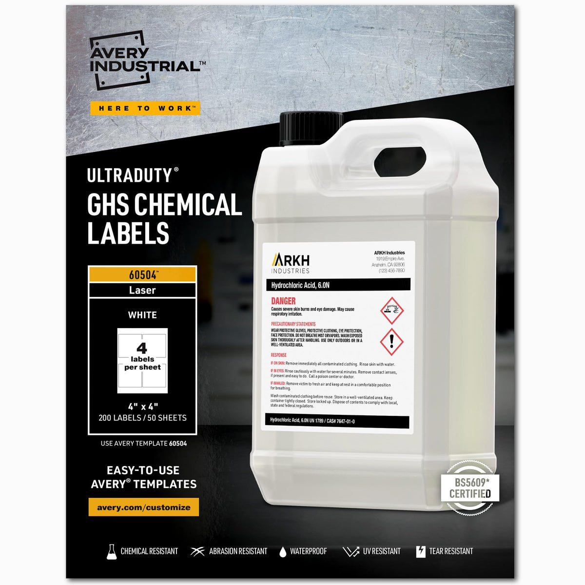 Avery UltraDuty GHS Chemical Labels for Laser Printers, Waterproof, UV Resistant, 4 x 4, 200 Pack (60504) One Size