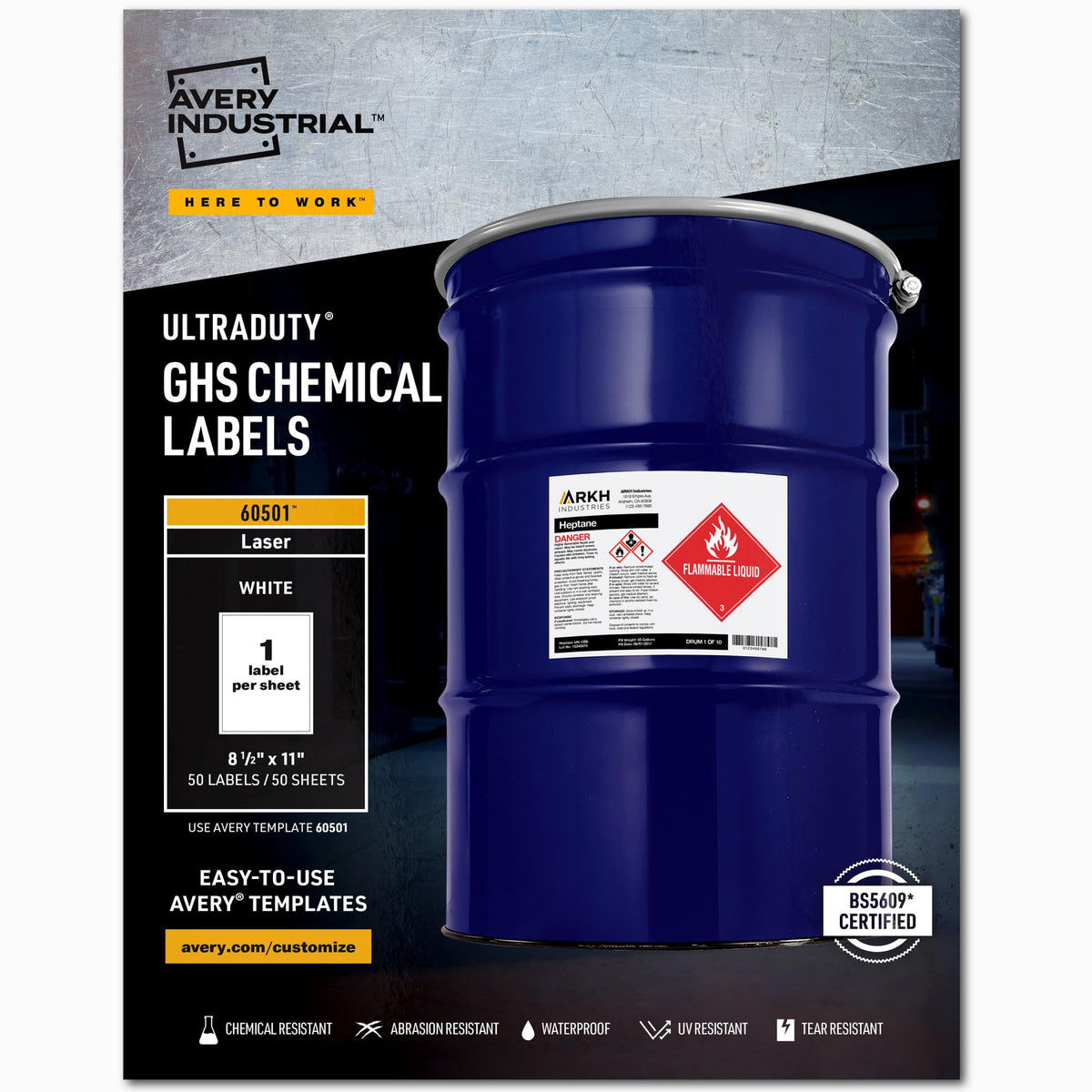 Avery UltraDuty GHS Chemical Labels for Laser Printers, Waterproof, UV Resistant, 8.5 x 11, 50 Pack (60501) 1 50 labels