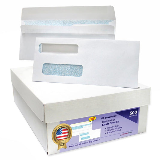 NextDayLabels #9 Double Window Check Envelopes - 500 Pack Ready-Seal Security Tinted Envelopes for QuickBooks, Sage 100, Blackbaud Checks - Self-Sealing Laser-Compatible - Made in USA #9 Envelope-500 Pack