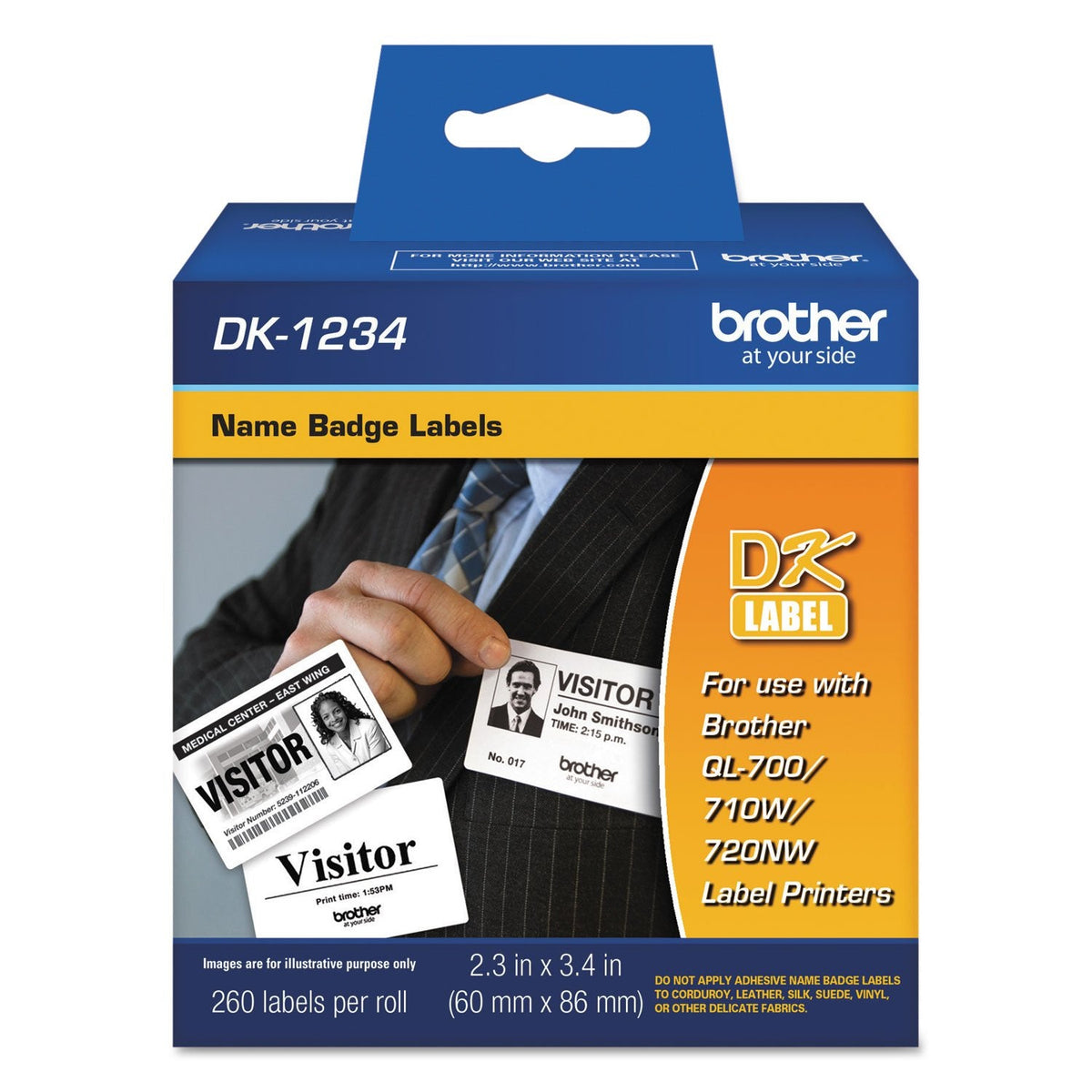 Brother Genuine DK-1234 Die-Cut Adhesive Name Badge White Paper Labels for Brother QL Label Printers, 2.3" x 3.4" (60mm x 86mm), 260 Labels per Roll, DK1234 1 Roll