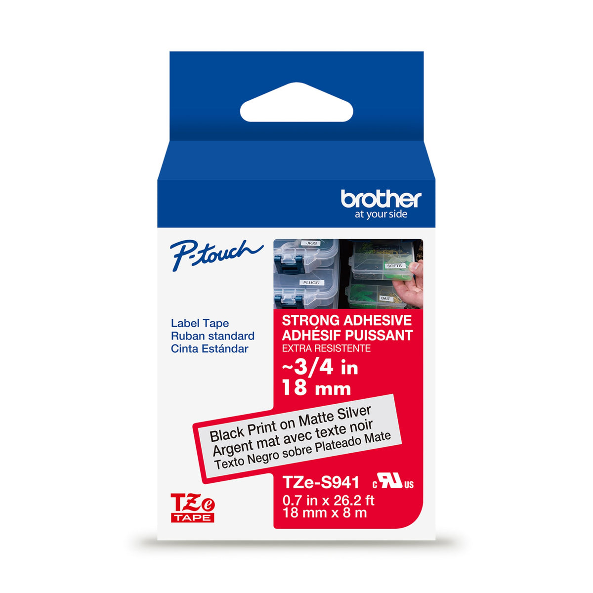 Brother Genuine P-Touch TZe Black Print on Matte Silver Label Tape (TZeS941), Strong Adhesive Laminated,3/4in x 26.2ft (18mm x 8m), for Select P-Touch Label Makers, Water-Resistant, Extra Strength