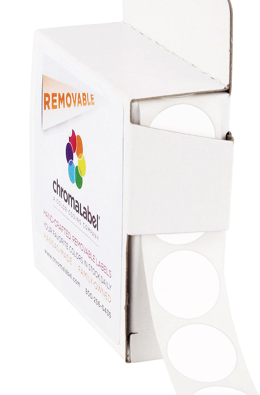 ChromaLabel round colored sticker dots, white 3/4 inch, removable sticky labels for color coding, 1000 per dispenser box