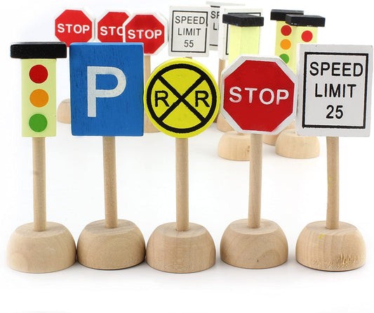 Attatoy Kids Wooden Street Signs Playset (14-Piece Set), Wood Traffic Signs Perfect for Car & Train Set 14 Piece Set