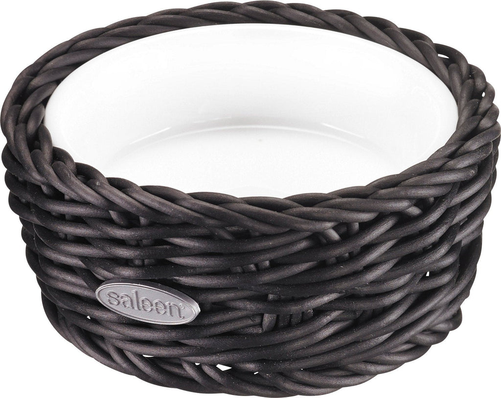 Saleen 02100619160 Round Wicker Basket with Porcelain Bowl Insert, Black