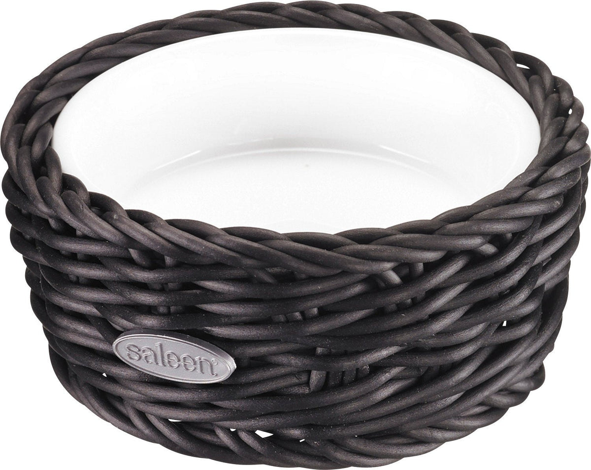 Saleen 02100619160 Round Wicker Basket with Porcelain Bowl Insert, Black