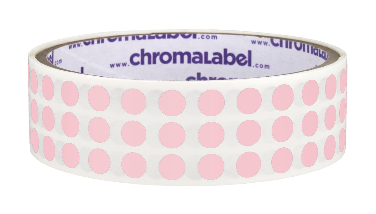 Pink ChromaLabel 0.25-inch round color-coding stickers with permanent adhesive, 1000 labels per roll for organizing and labeling.