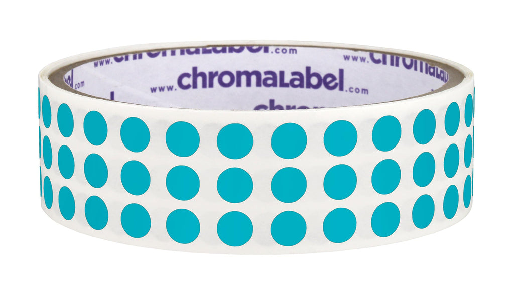 ChromaLabel teal round color-coding label with 0.25 inch diameter, permanent adhesive, 1000 stickers per roll for organization.