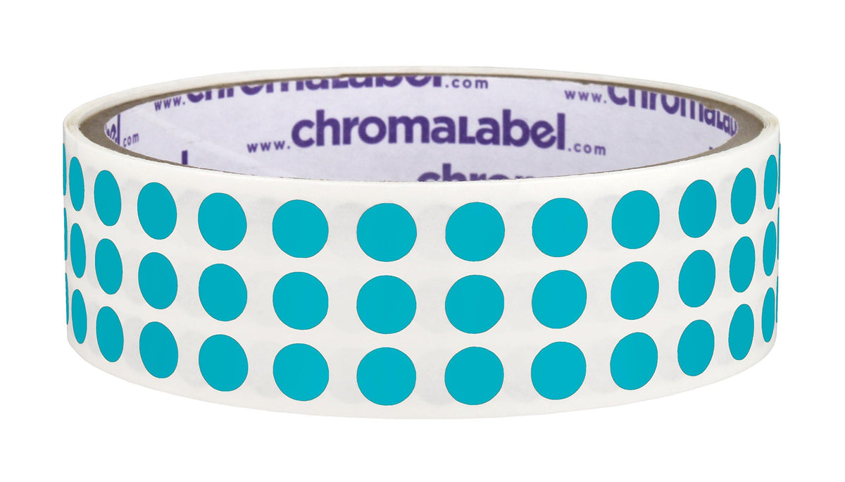 ChromaLabel teal round color-coding label with 0.25 inch diameter, permanent adhesive, 1000 stickers per roll for organization.