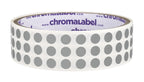 Gray ChromaLabel 0.25 inch round color-coding stickers, permanent dot labels on a roll for organizing and labeling tasks.