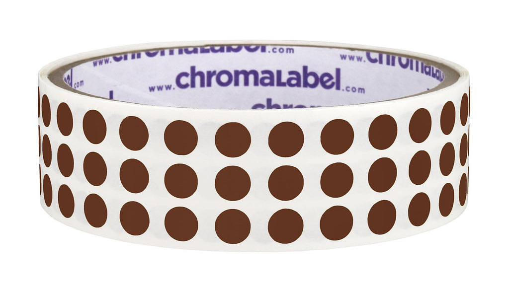 ChromaLabel color-coding round label stickers in cocoa with 0.25 inch diameter, permanent adhesive, 1000 per roll.