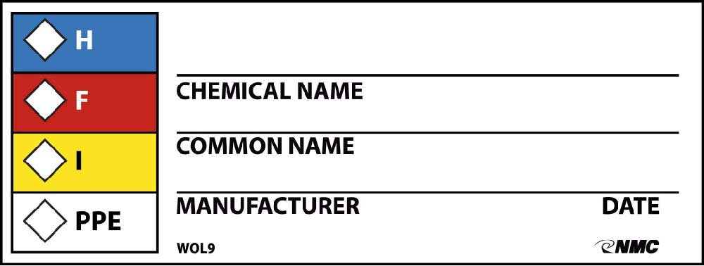NMC WOL9 H - F - I - PPE - Chemical Name Common Name Manufacturer Date Label - [Roll of 500] 4 in. x 1.5 in. PS Paper Right to Know Label