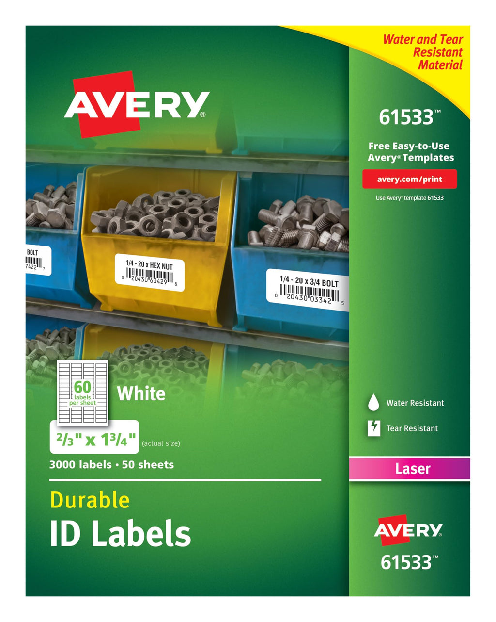Avery Durable White Cover Up ID Labels for Laser Printers, 0.67 x 1.75, Pack of 3000 (61533)