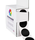 ChromaLabel 1-inch black round target pasters for shooting, 1000 labels in dispenser box, ideal for marksmanship practice.