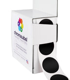 ChromaLabel 1-inch black round target pasters for shooting, 1000 labels in dispenser box, ideal for marksmanship practice.