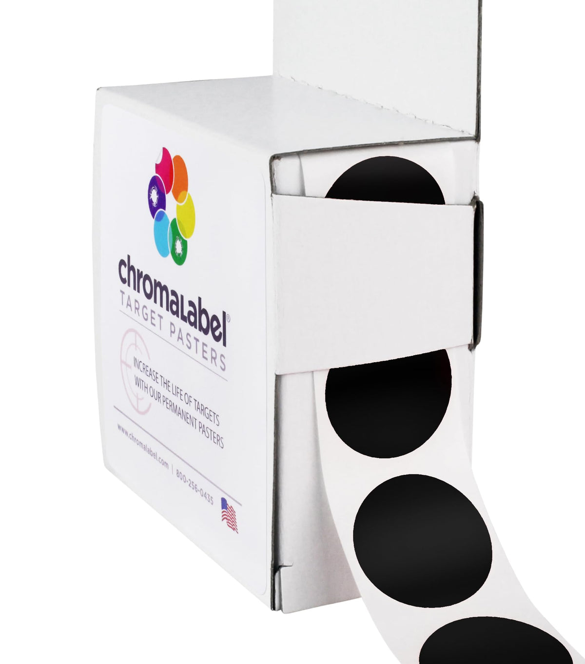 ChromaLabel 1-inch black round target pasters for shooting, 1000 labels in dispenser box, ideal for marksmanship practice.