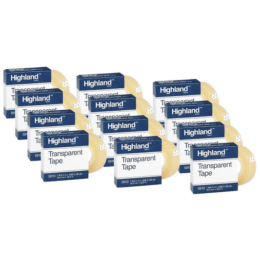 Highland Transparent Tape, 3/4" x 36 yds., 12 Rolls (MMM5910341296-12)