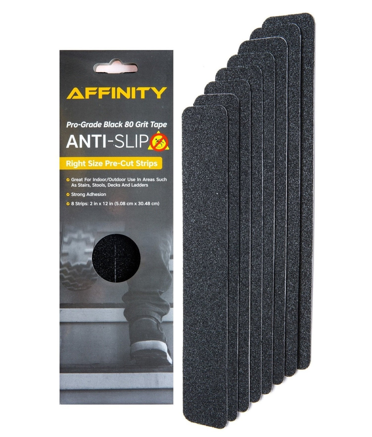 AFFINITY Anti-Slip Tape - Premium 8 Pre-Cut Strips, Black 80 Grit Slip Resistant Safety Treads - 2 inch x 12 inch Rounded Corners - Right Size and Ready to Use for Easy Application
