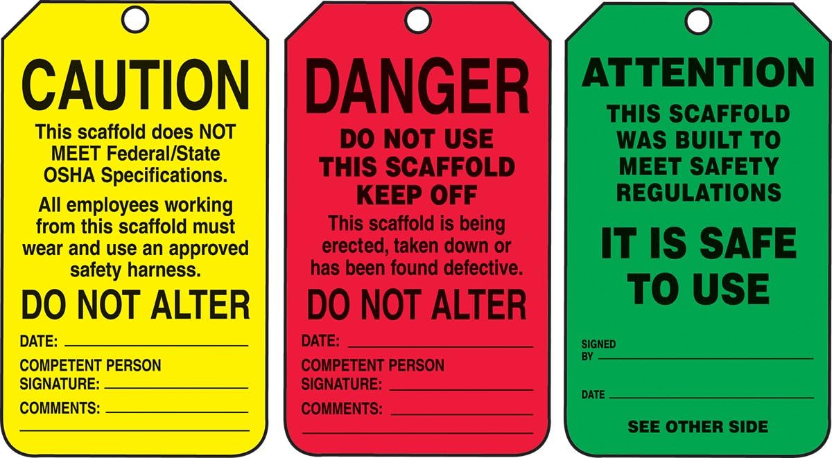 Accuform TSS200PTM RP-Plastic Scaffold Status Tag, Legend "Danger/Caution/Attention", 5.75" Length x 3.25" Width x 0.015" Thickness, Black on Green/Yellow/Red (Pack of 5)