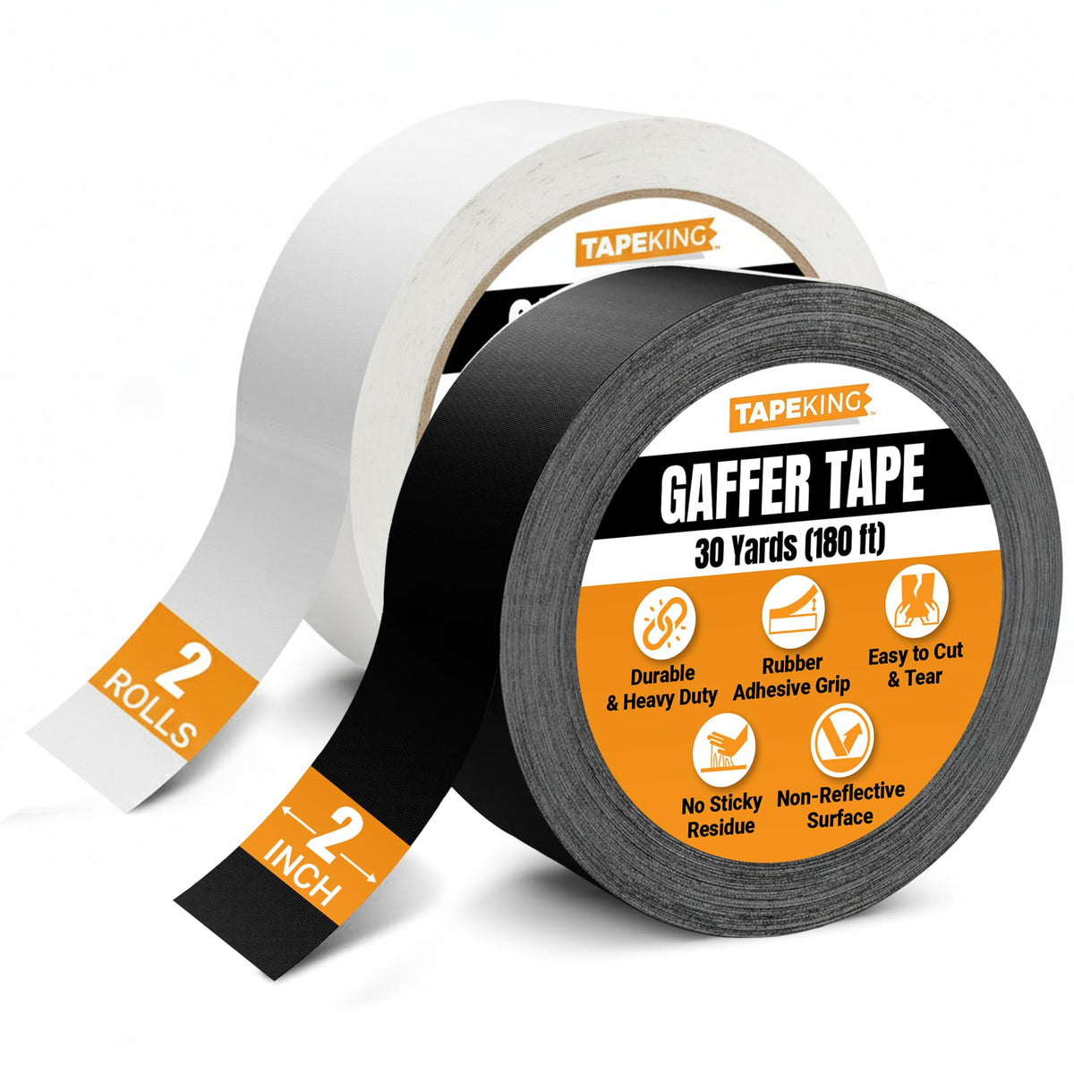 Tape King Gaffers Tape (Black & White) | 2 Inch Wide x 30 Yards Per Roll (180 Ft) Pro Gaff Tape | Durable Cloth Matte Black Tape with Strong Rubber Adhesive for Events, Cables, and Decorations (2 Pcs) 2-Roll Black & White - 2” Wide