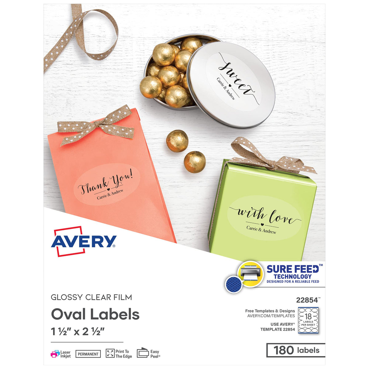 Avery Printable Blank Oval Labels, 1.5" x 2.5", Glossy Crystal Clear, 180 Customizable Labels (22854) 1.5" x 2.5" 180 labels Glossy Clear