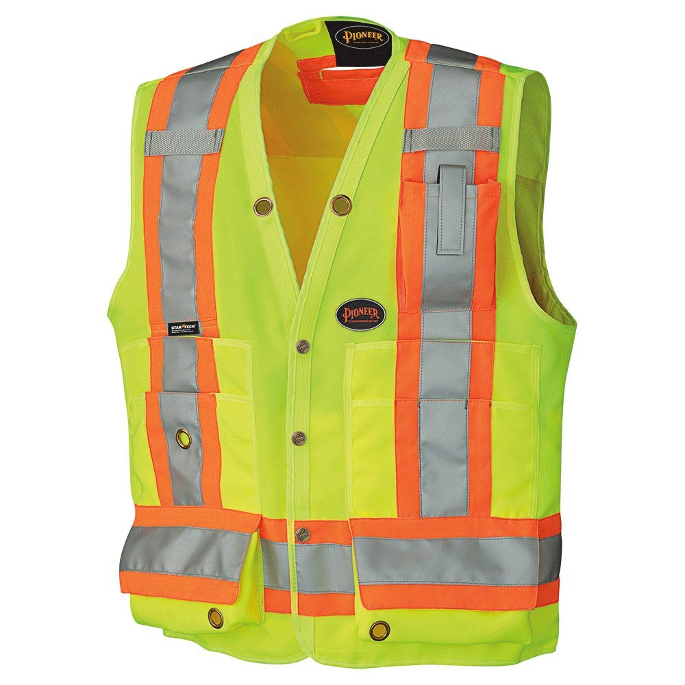 Pioneer Hi Vis Surveyor's Safety Vest - Engineer Style - Breathable Mesh & Reflective Tape - 7 Pockets - Hi Vis Yellow/Green 3X-Large