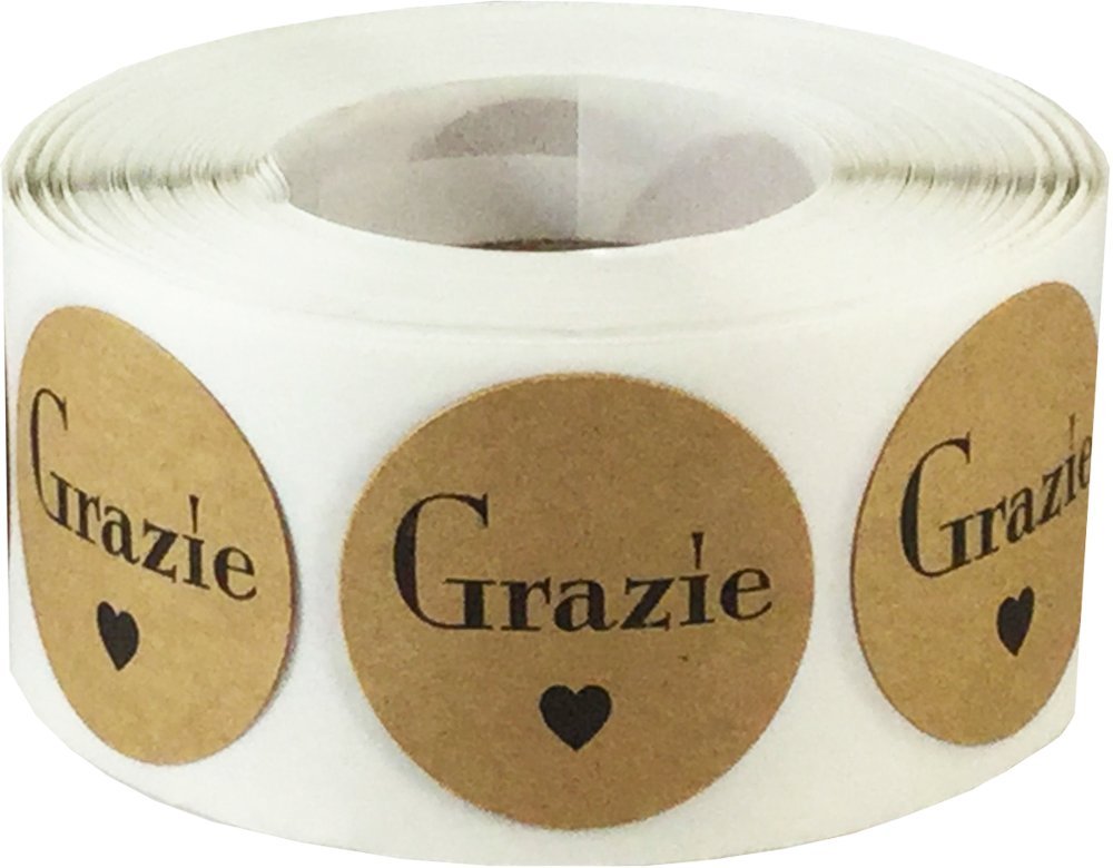  Grazie Italian thank you kraft sticker seals, 1-inch round adhesive labels, 500 per roll for small business packaging