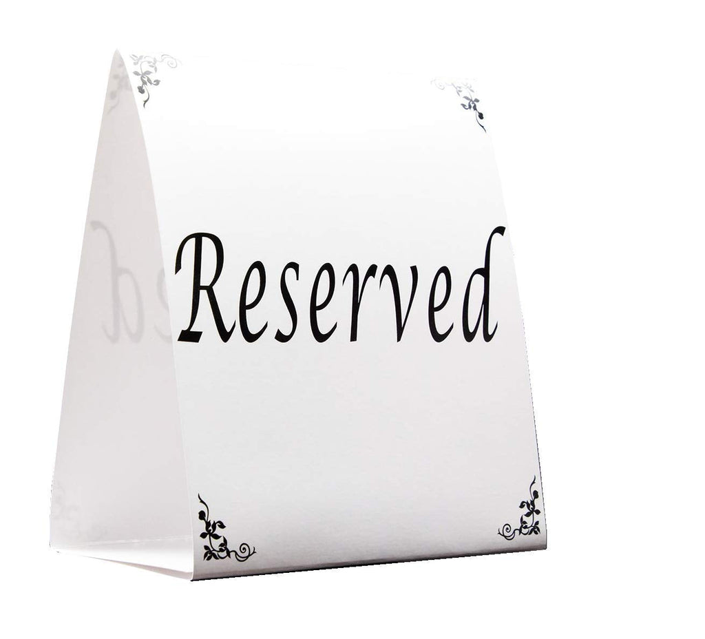 Freestanding Reserved Cards for Wedding Reception Tables, 20 Pk Black and White Design. Double-Sided 5x5.5 Table Tents Are Elegant, Versatile Event Decor for Banquet Hall, Ballroom, Party and Luncheon