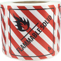 Hazard Class 4 D.O.T. flammable solid labels, 4x4 inch red and white stickers on a roll for shipping compliance.