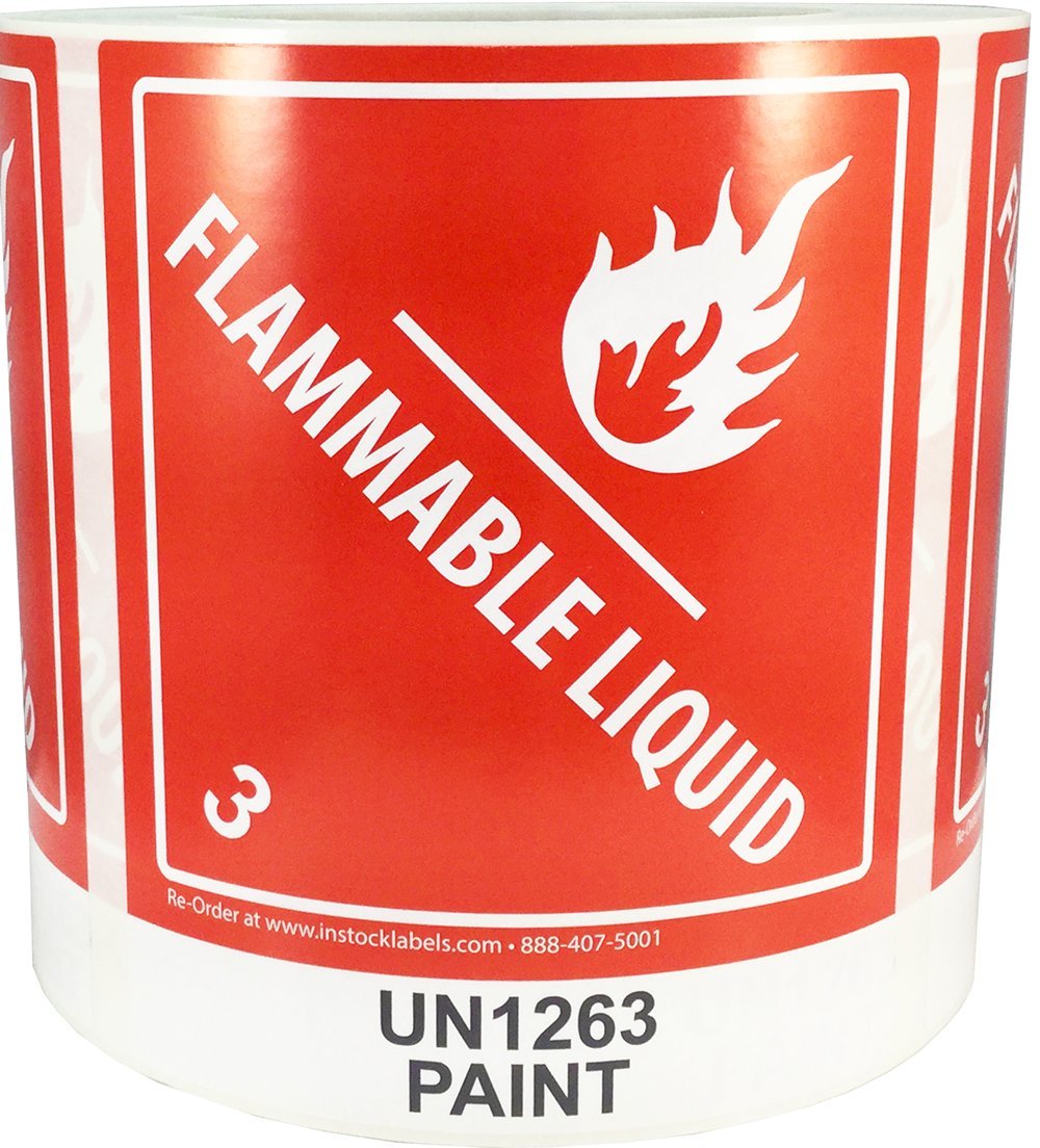 Red and white hazard class 3 D.O.T. UN1263 flammable liquid labels, 4x4.75 inch adhesive hazard stickers on a roll.