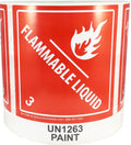 Red and white hazard class 3 D.O.T. UN1263 flammable liquid labels, 4x4.75 inch adhesive hazard stickers on a roll.