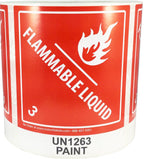 Red and white hazard class 3 D.O.T. UN1263 flammable liquid labels, 4x4.75 inch adhesive hazard stickers on a roll.
