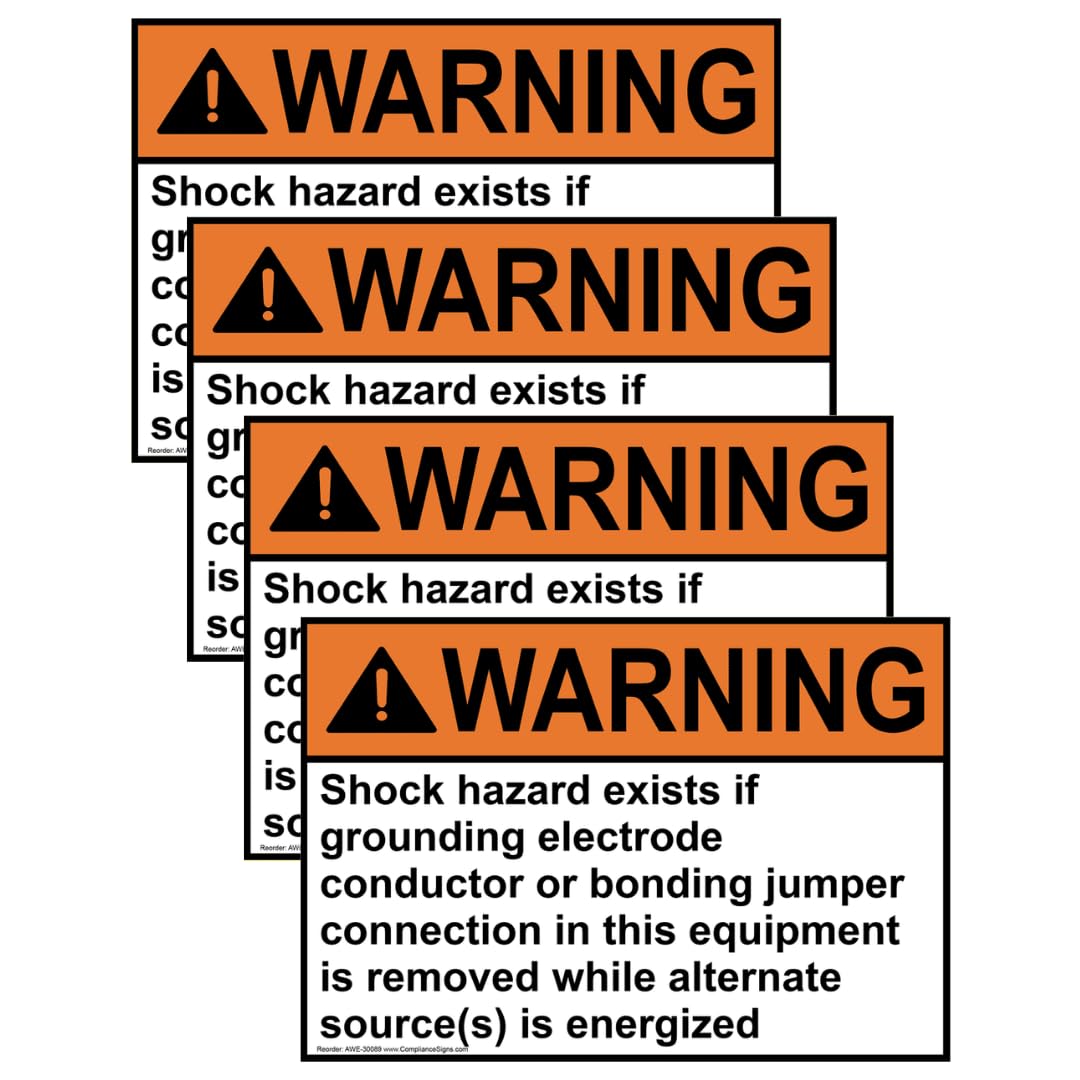 ComplianceSigns.com Warning Shock Hazard Exists If Grounding Electrode ANSI Label Decal, 5x3.5 inch 4-Pack Vinyl for Electrical