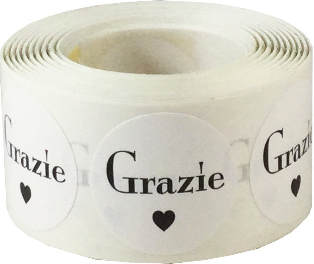 Grazie Italian Thank You White Semi-Gloss Stickers, 1 Inch Round Circle Adhesive Labels, 500 Thank You Stickers Per Roll for Small Business Packaging, Gifts, and Envelopes – Made in the USA