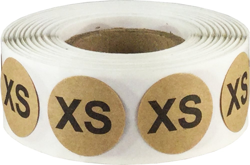 Set of 0.75 inch round natural kraft clothing size stickers for retail apparel, on a roll, ideal for inventory and boutique labeling.